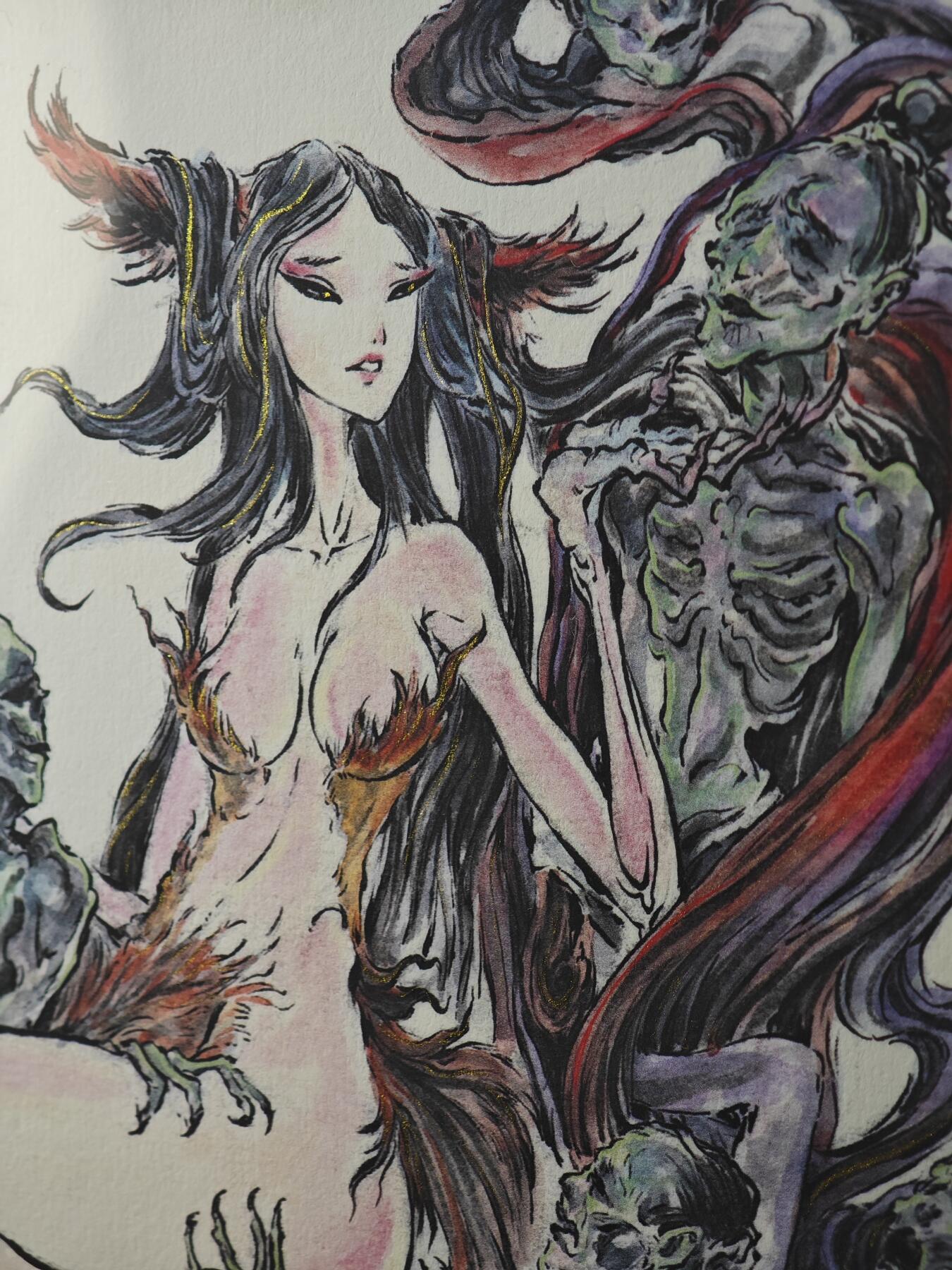 白泽拍卖卡牌手绘专场第29期（忽有故人心上过，回首山河已是秋） 2025 启读文化 沈鑫限量微喷版画 封神·九尾狐狸精 尺寸：26.5cm*38cm 已装裱 +收藏证书 描金  沈鑫亲签