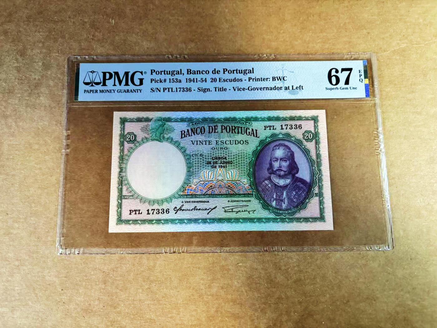 【Blue Auction】世界纸币精拍第759期——18级TOP拍卖/信誉/品质/专业/高效💫 葡萄牙 1951年20埃斯库多 PMG67EPQ