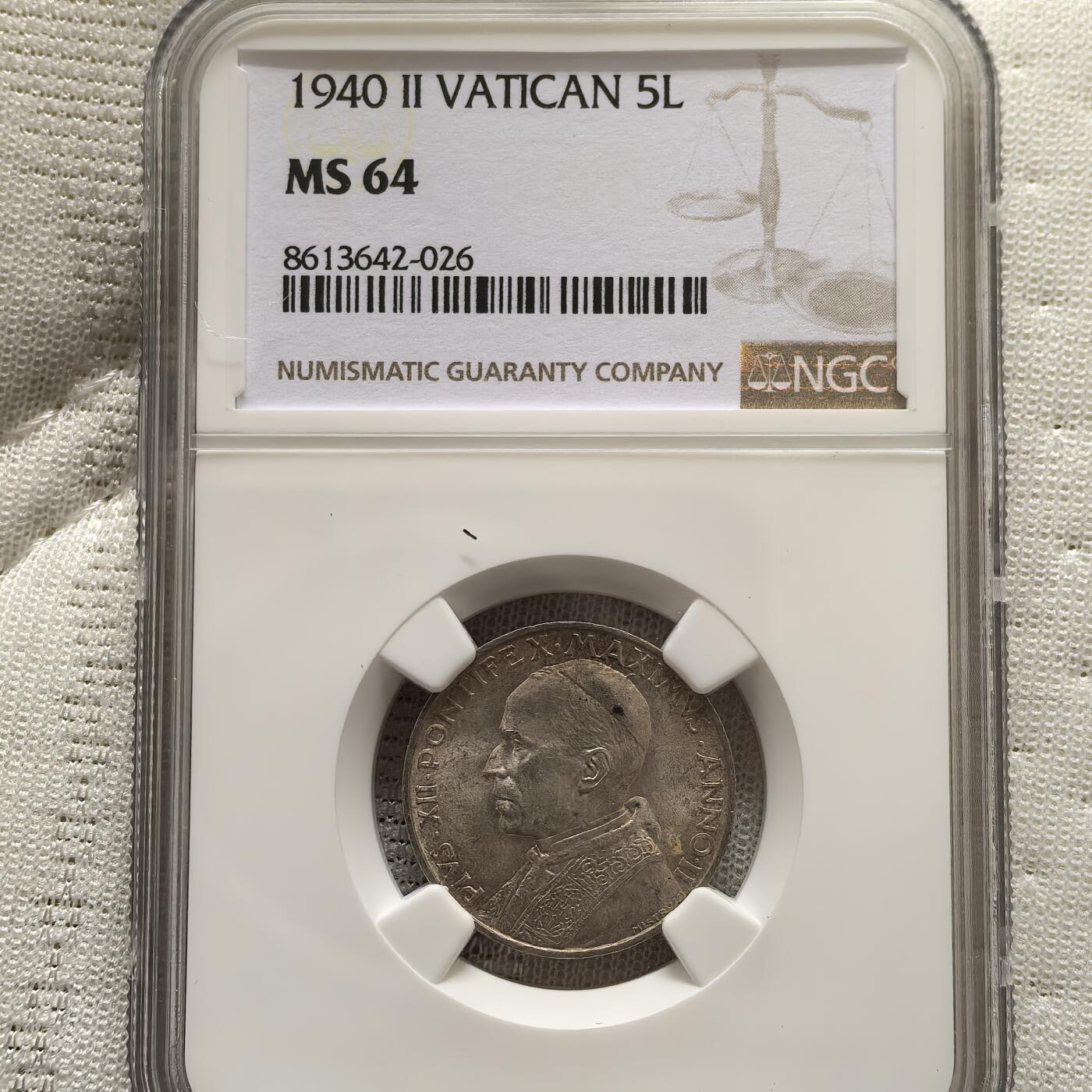 道一币馆币章第一百五十八场 NGC MS64 梵蒂冈1940年5里拉银币