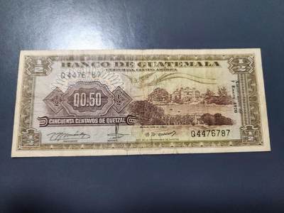 12月6号晚上8点 外国纸币自动截拍第70场 - 危地马拉老版纸币1970年0.5美品