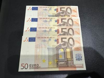 《外钞收藏家》第五百九十一期（畅拍场）（本平台长期征集拍品、欢迎藏友们联系合作） - 三签50欧元 德国版 四张一起 全新 边上不明显轻微荧光瑕疵