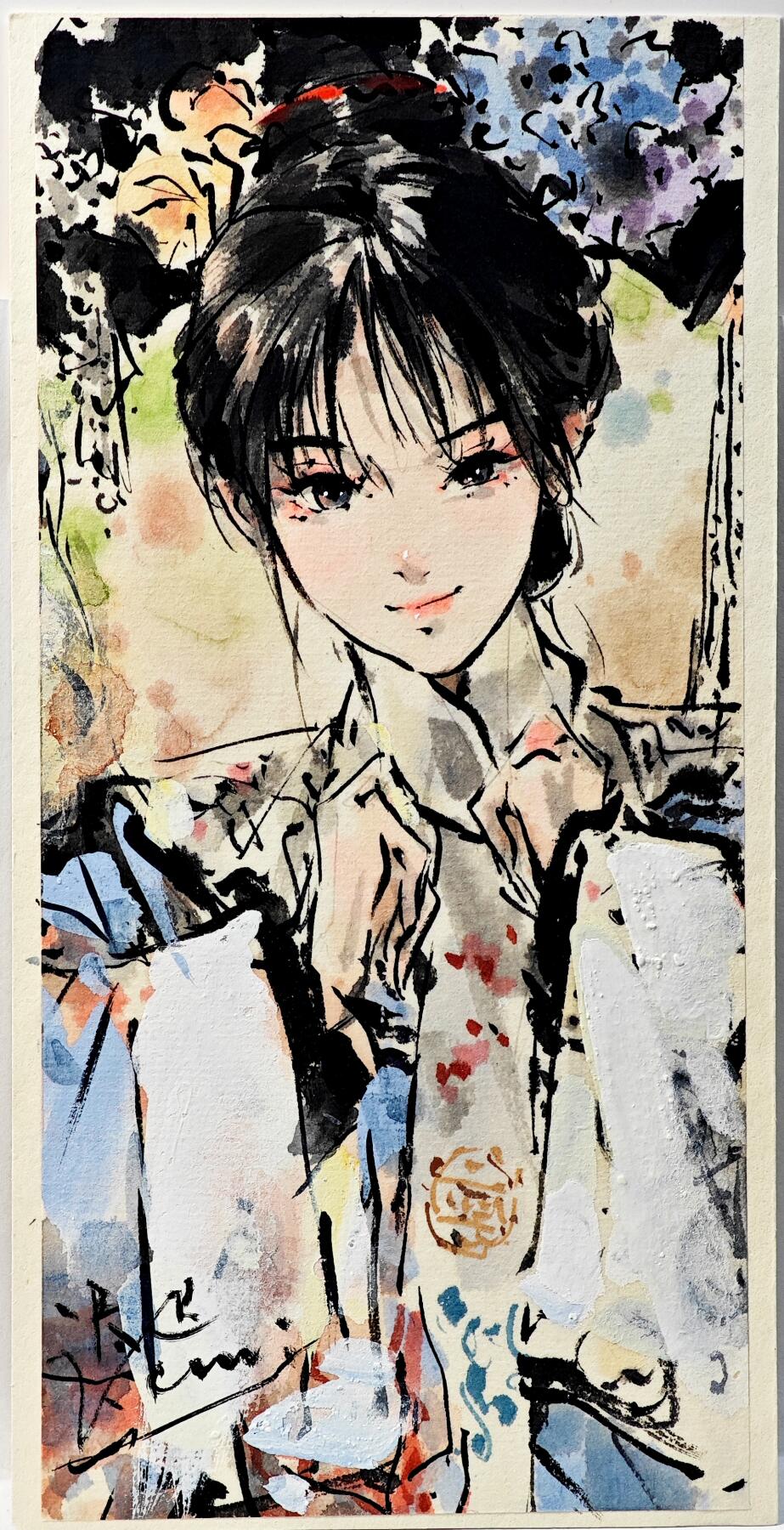 白泽拍卖卡牌手绘专场第29期（忽有故人心上过，回首山河已是秋） 2025 迟迟手绘小画 格格 尺寸：10cm*20cm  迟迟亲签