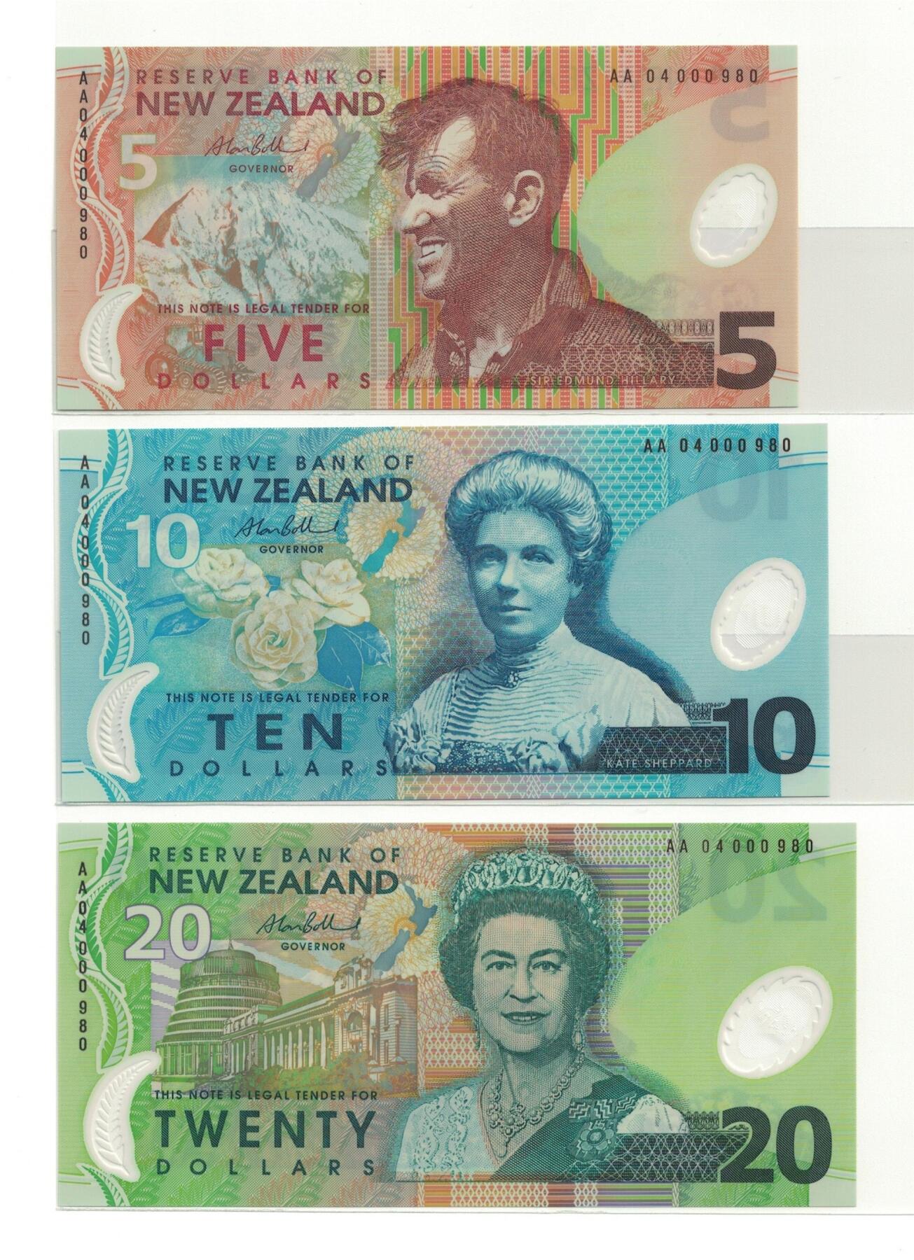 《艾美收藏》第223期-12.7周日外币畅拍 (首发冠全同带原装册)新西兰2004年AA冠5-100元全同百位倒置980号5张大全套，前2位数字是年份缩写，鸟版塑料钞初版首发