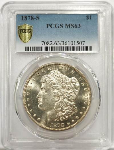 博洋堂世界钱币拍卖第150期（全场包邮） - PCGS MS63 1878年s版美国摩根银币，首年摩根，轻微类镜面底板，黄油五彩包浆视觉效果非常不错。最近这个年份MS级别的摩根在麦稀奇普遍都排拍到了2000+，这枚状态相当不错，值得藏家入手