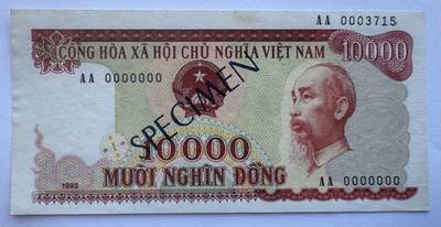 2025第25场（总第225期）：精品测试钞、塑料钞、纪念券、外钞综合场 - 票样Specimen 越南1993年版10000盾（近全新、有黄斑）