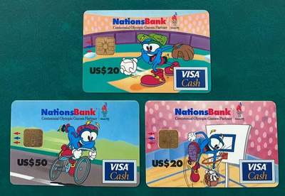 《卡拍》第341期拍卖12月6日晚22：10时延时截拍 - 美国国家银行VISA Cash现金卡《96亚特兰大奥运会（四）吉祥物系列》三全IC卡，芯片有氧化，中上品。