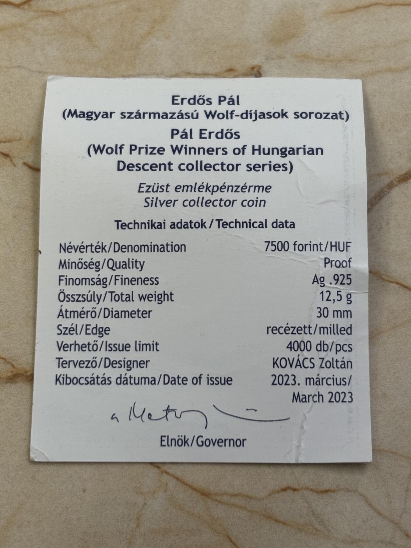 第184期拍卖 匈牙利2023年埃尔德斯·帕尔数学家精制纪念银币带证书，925银，12.5克，发行4000枚