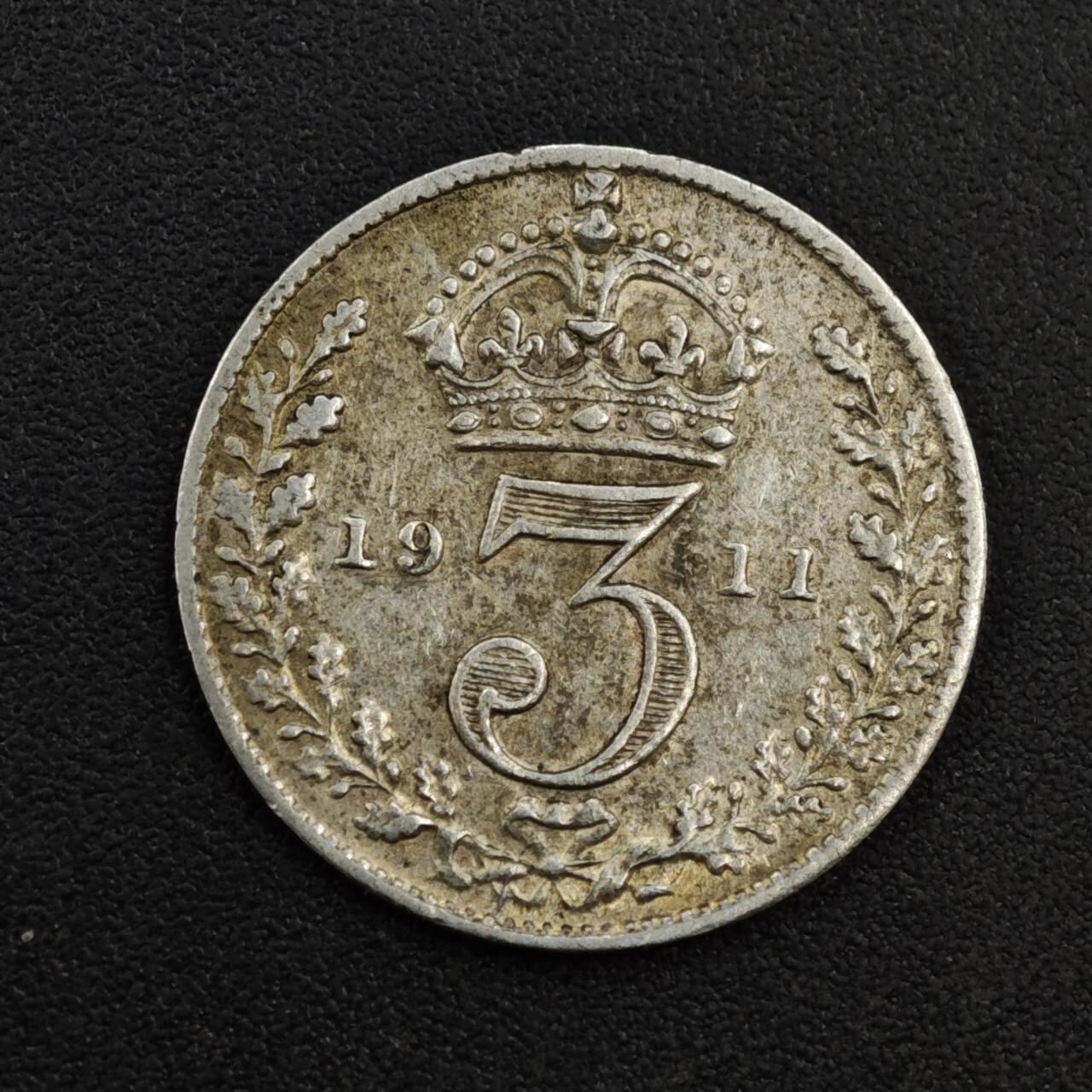 【淘币小摊】实时拍第八百一十九拍   散币场   满百包邮可预留二周 每周一统一发货   英国1911年乔治五世3便士银币