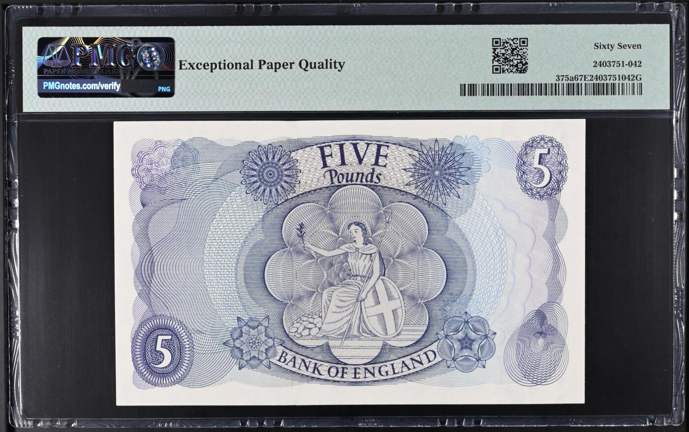 《艾美收藏》第223期-12.7周日外币畅拍 英国C序列1963-66年A冠5镑PMG67E高分 更高分仅10张 年轻女王 Pick#375a