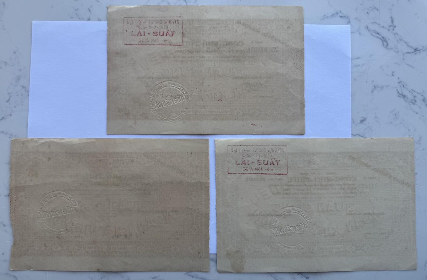 2025第25场（总第225期）：精品测试钞、塑料钞、纪念券、外钞综合场 越南1974年1000、5000、20000盾国家建设债券一组三枚（无折有黄斑、品如图）