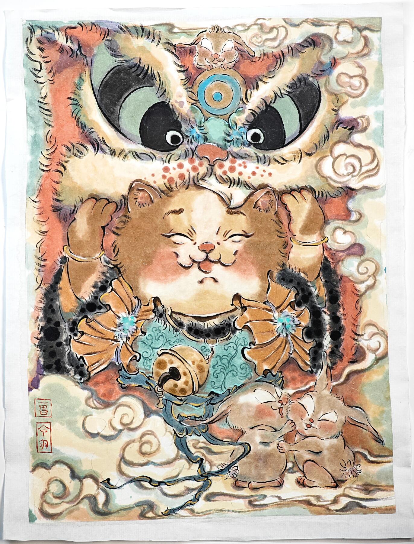 白泽拍卖卡牌手绘专场第29期（忽有故人心上过，回首山河已是秋） 2025 曾令羽手绘画 舞狮猫 尺寸：19cm*25.5cm  曾令羽亲签