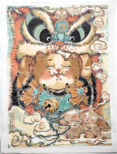 白泽拍卖卡牌手绘专场第29期（忽有故人心上过，回首山河已是秋） - 2025 曾令羽手绘画 舞狮猫 尺寸：19cm*25.5cm  曾令羽亲签