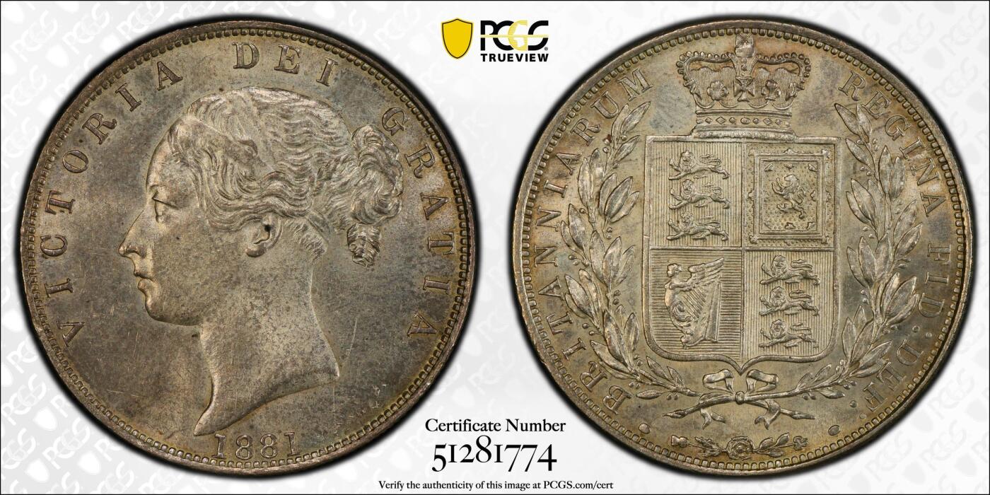博洋堂世界钱币拍卖第150期（全场包邮） PCGS MS62 1881年英国小维半克朗，原味欧洲五彩包浆，算是比较少见的一个品种，62分普遍成交在4000元左右