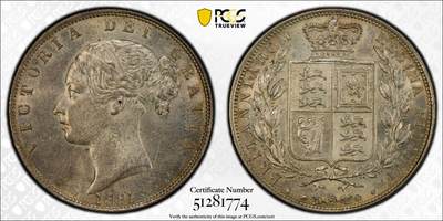 博洋堂世界钱币拍卖第150期（全场包邮） - PCGS MS62 1881年英国小维半克朗，原味欧洲五彩包浆，算是比较少见的一个品种，62分普遍成交在4000元左右
