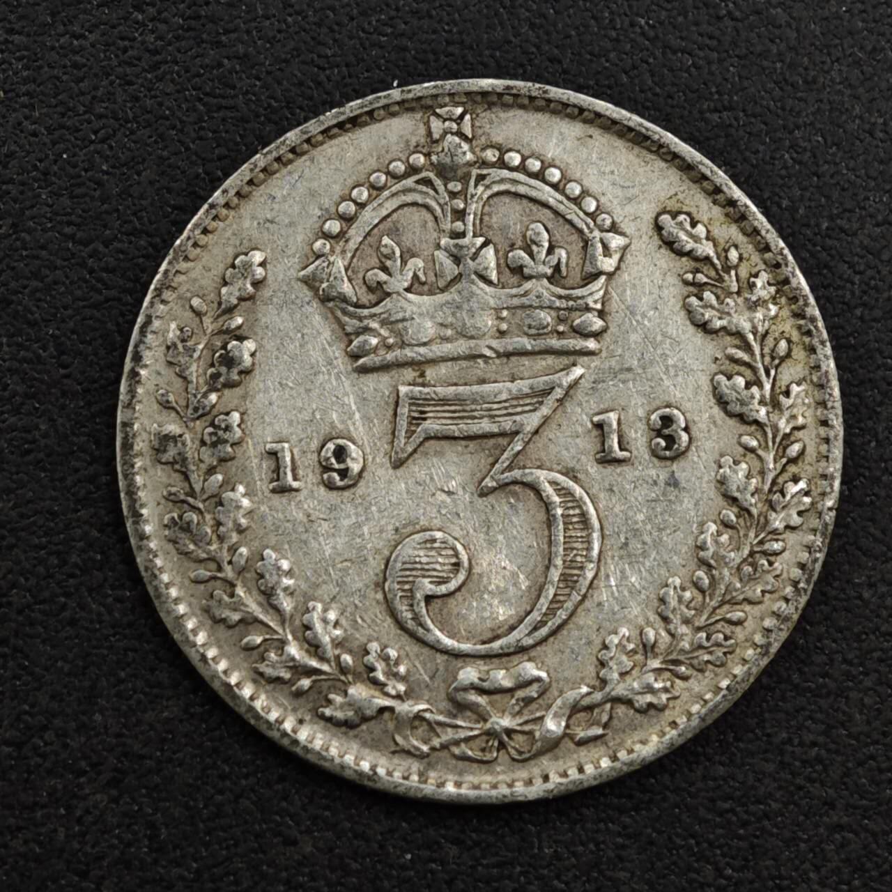 【淘币小摊】实时拍第八百一十九拍   散币场   满百包邮可预留二周 每周一统一发货   英国1913年乔治五世3便士银币