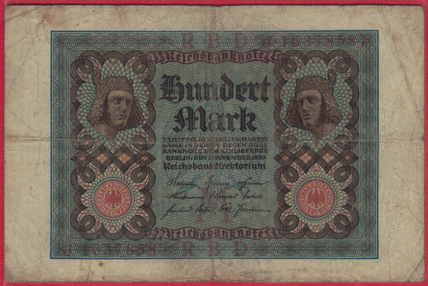 德国1920年100马克 P-69b 加盖字母M 8位号码(无4) 实物图 八五品