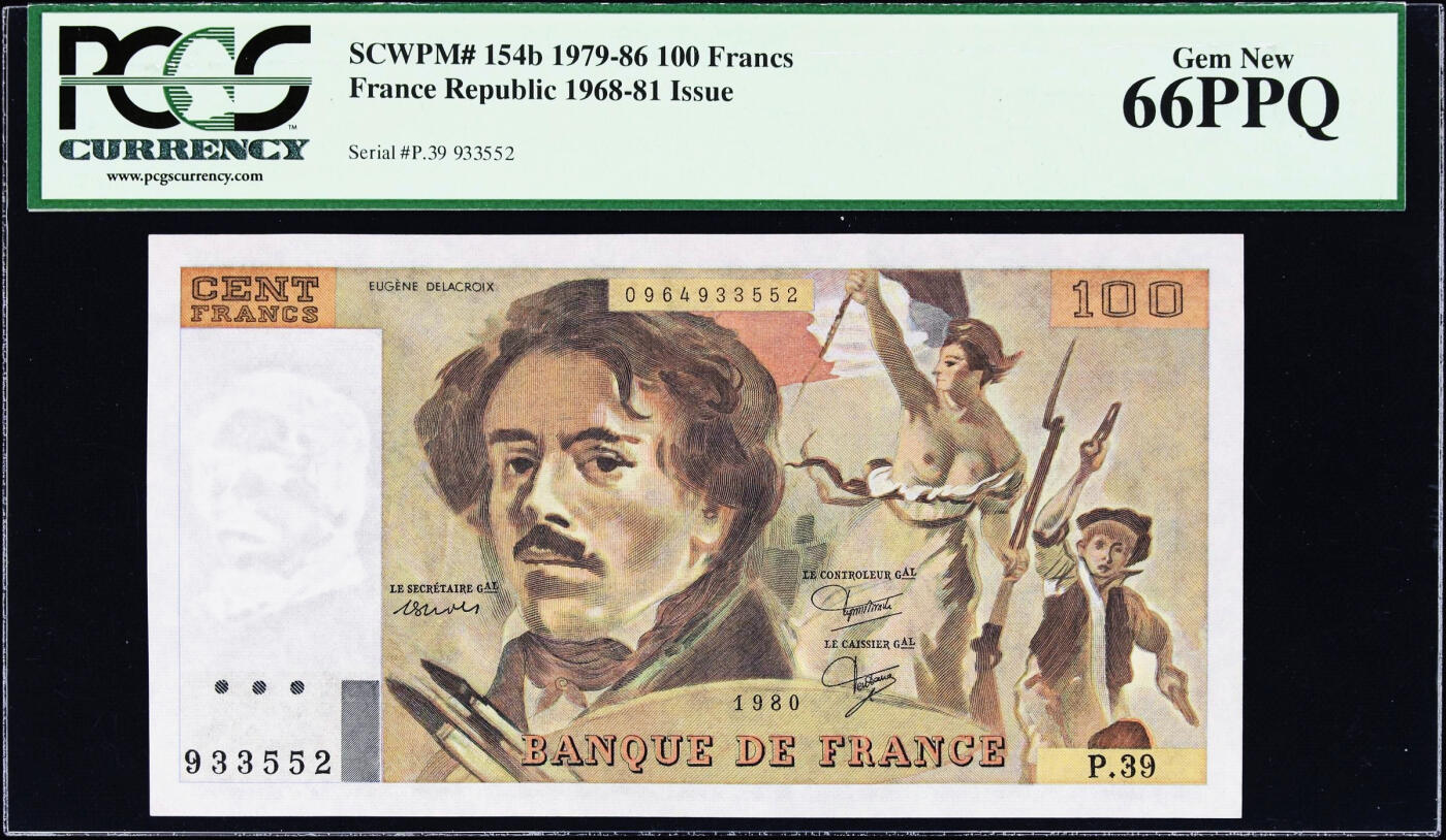 【Blue Auction】世界纸币精拍第759期——18级TOP拍卖/信誉/品质/专业/高效💫 【无47】法国 1980年100法郎 自由引导人民 PCGS66EPQ