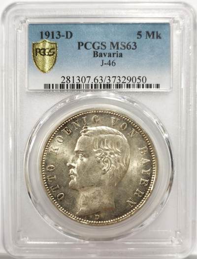 博洋堂世界钱币拍卖第150期（全场包邮） PCGS MS63 德国巴伐利亚1913年奥托5马克银币 转光不错 底板优秀 德系不可或缺的品种