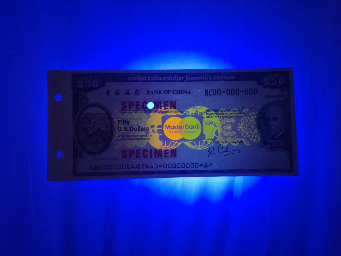 美国 旅行支票 样票 中国银行版 直板无折 未流通 保真票