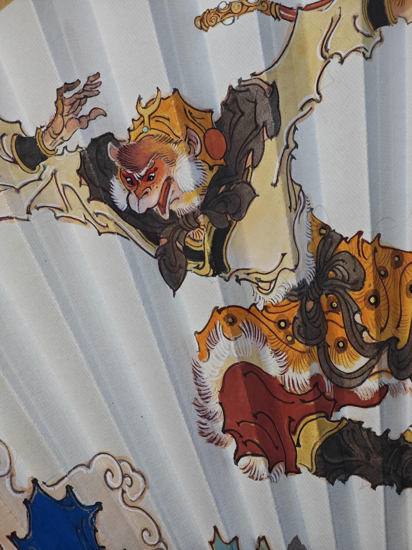 白泽拍卖卡牌手绘专场第29期（忽有故人心上过，回首山河已是秋） 2025 陈岱青手绘扇 西行之路 降妖图 规格：九五寸 十八方玉竹 熟宣折扇 配扇箍 扇套  陈岱青亲签