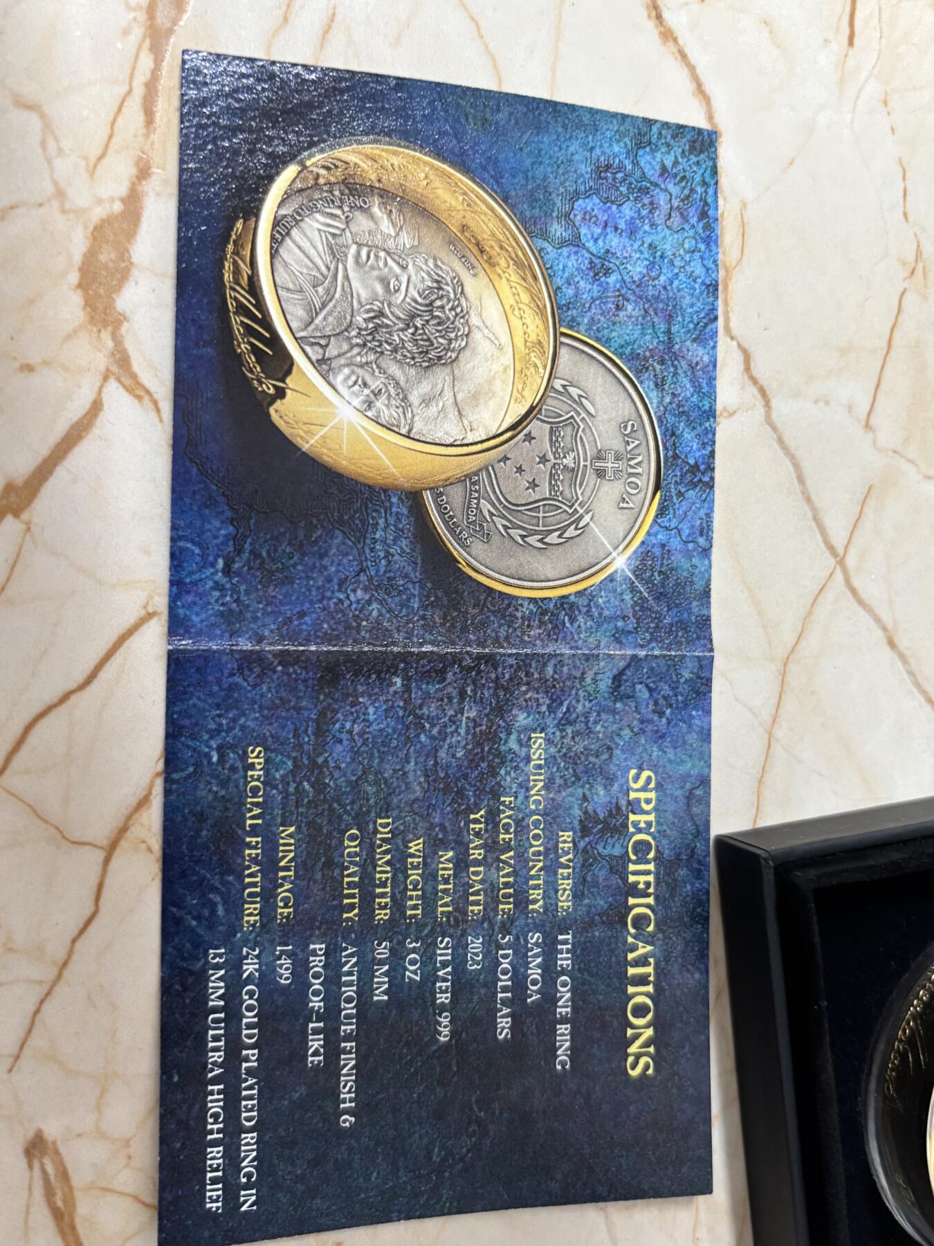 第185期拍卖  萨摩亚2023年指环王至尊魔戒3盎司仿古纪念银币。999银，发行量1499枚，有氧化