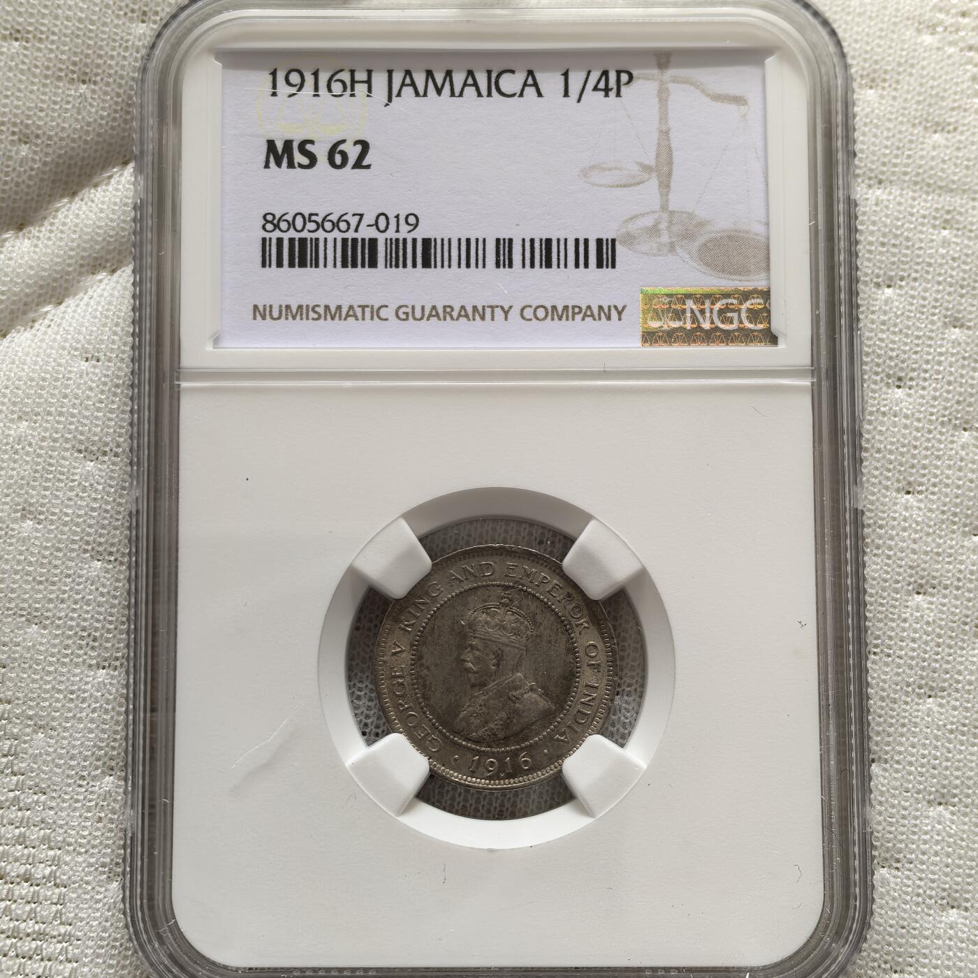 道一币馆币章第一百五十八场 NGC MS62 英属牙买加1916年乔治五世1法新铜镍币