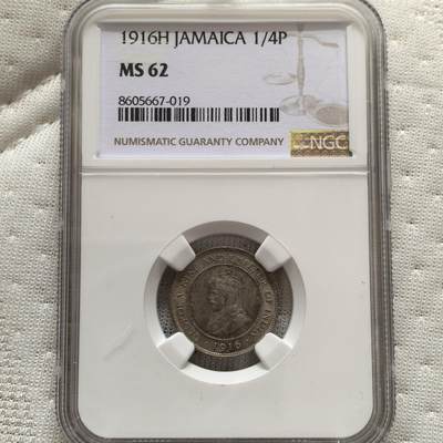 道一币馆币章第一百五十八场 - NGC MS62 英属牙买加1916年乔治五世1法新铜镍币