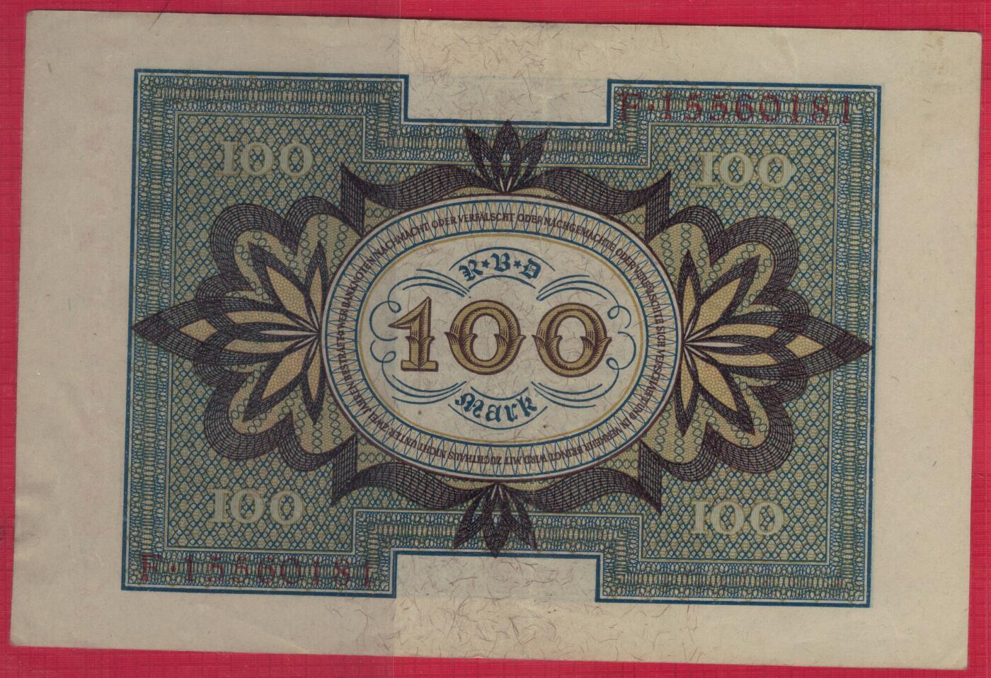 德国1920年100马克 P-69b 加盖字母J 8位号码(无47) 实物图 八五品