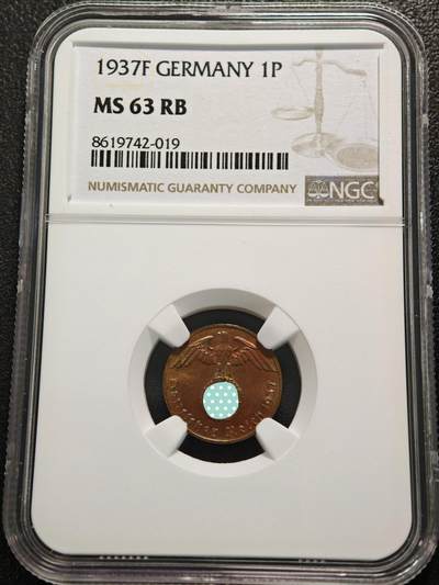 【德藏】世界币章拍卖第155期（拍品征集中~欢迎藏友联系） - 1937年 F厂 德国1芬尼铜币 NGC MS63RB（原图请查询NGC评级公司官网）