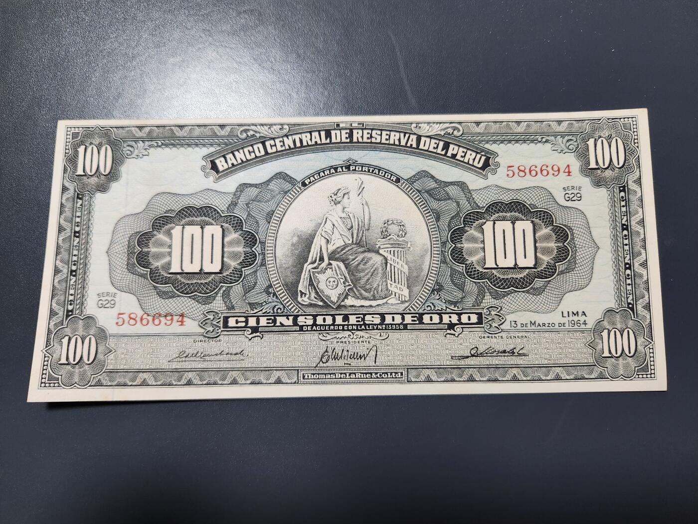 12月6号晚上8点 外国纸币自动截拍第70场 秘鲁1964年100沙奥新品原票