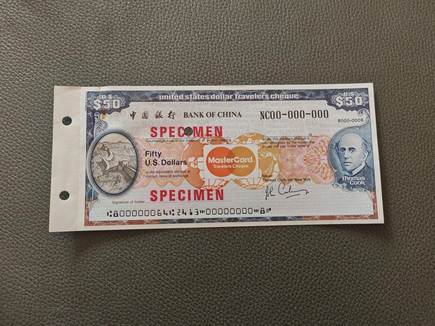 美国 旅行支票 样票 中国银行版 直板无折 未流通 保真票
