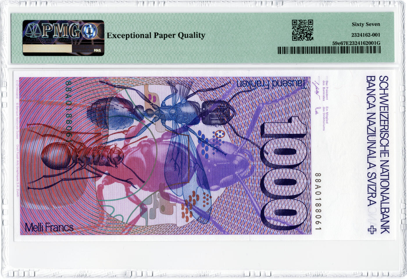 【Blue Auction】世界纸币精拍第759期——18级TOP拍卖/信誉/品质/专业/高效💫  【A冠倒置号】瑞士 1988年1000法郎 经典大蚂蚁 瑞士精神病学家&昆虫学家福雷尔 PMG67EPQ 高分少见 备受追捧 
