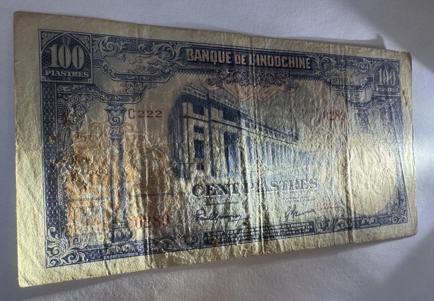 2025第25场（总第225期）：精品测试钞、塑料钞、纪念券、外钞综合场 法属印度支那/越南1940年版100披亚士特（旧品如图、有锈孔）