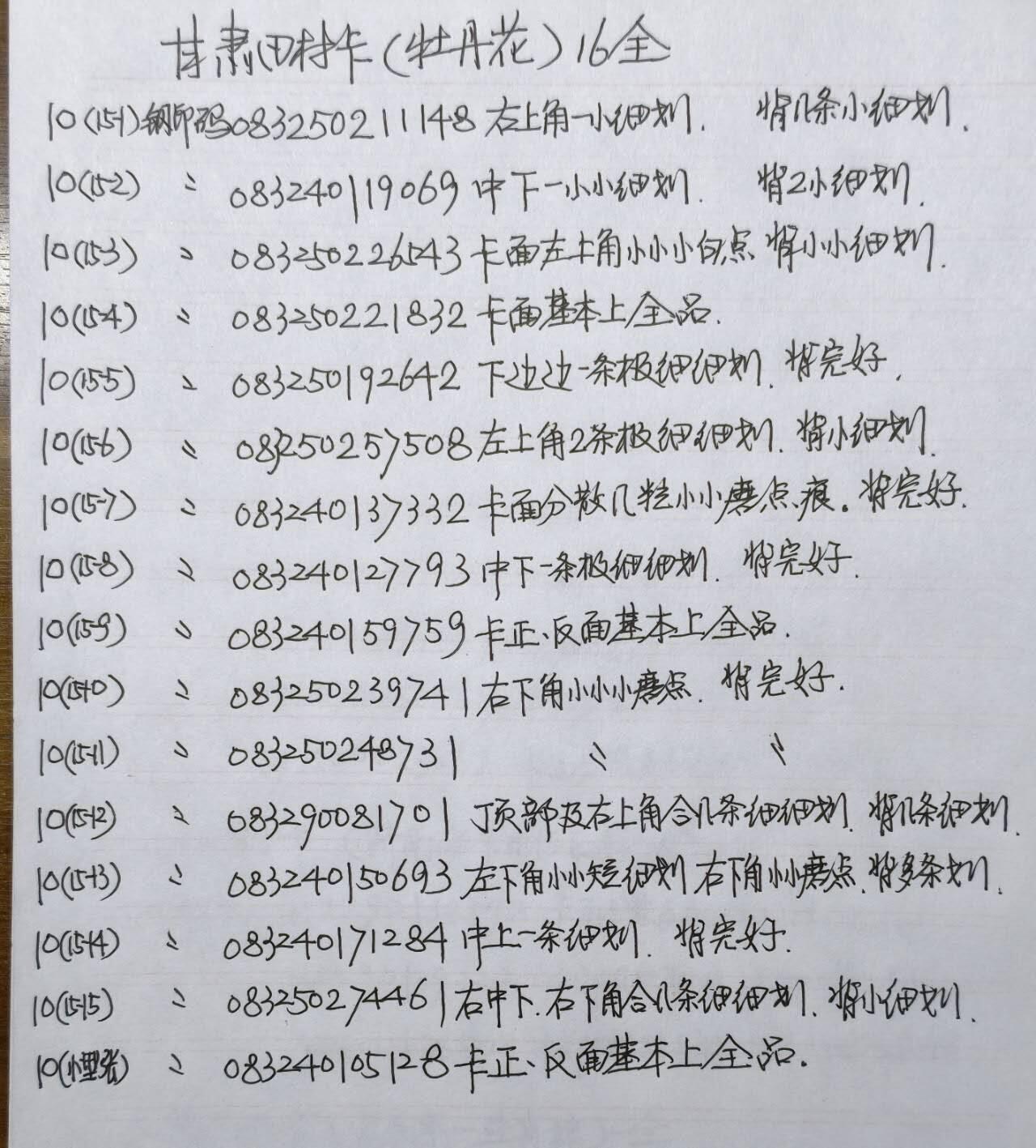 公藏第59期裸卡拍卖 甘肃田村新卡【牡丹花】16全品相钢印码见描述。