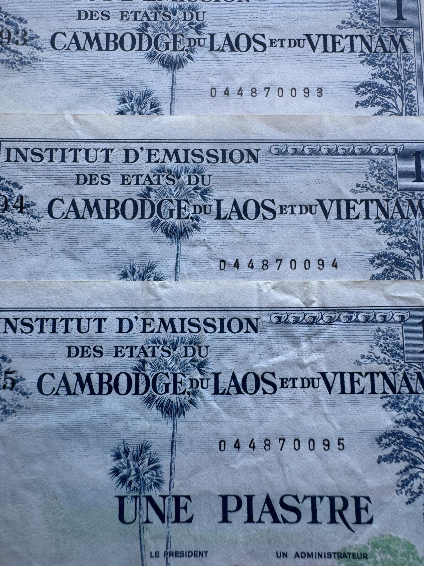 2025第25场（总第225期）：精品测试钞、塑料钞、纪念券、外钞综合场 法属印度支那/越南1954年版1 披亚士特一组3枚连号（品如图）