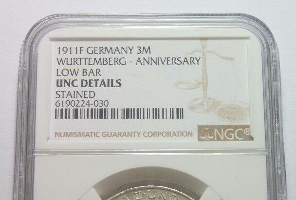 【银】NGC UNC 德国符腾堡1911年 威廉二世银婚3马克银币 开卷原光
