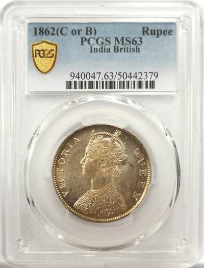 博洋堂世界钱币拍卖第150期（全场包邮） - PCGS MS63 英属印度1862年维多利亚1卢比银币，卷首包浆