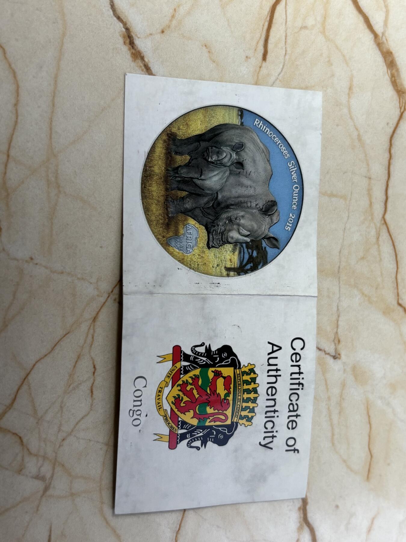 第184期拍卖 刚果2015年非洲野生动物系列母子犀牛1盎司银币带证书，999银，发行2000枚