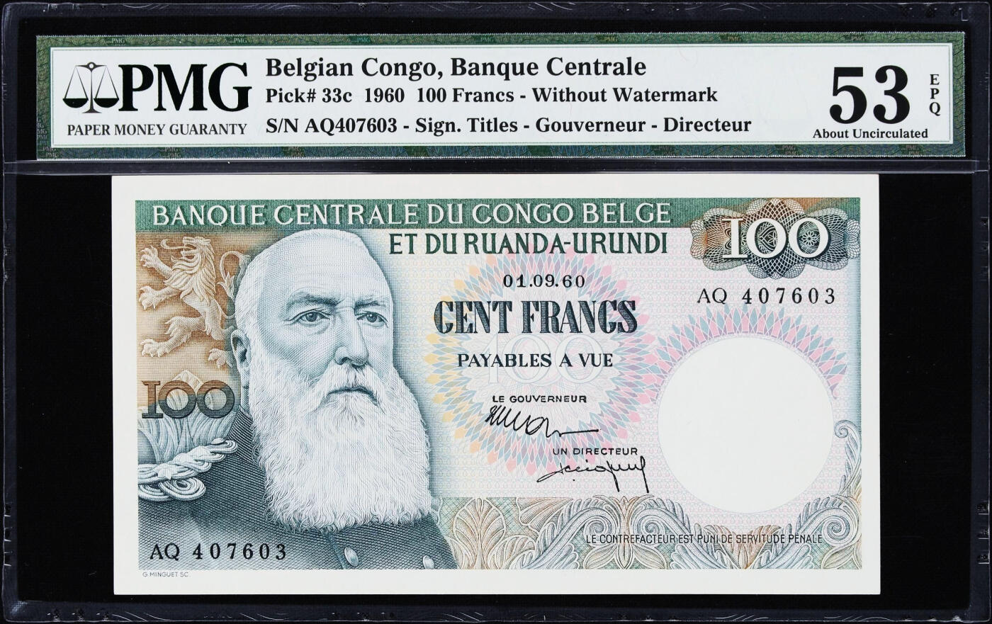 【Blue Auction】世界纸币精拍第759期——18级TOP拍卖/信誉/品质/专业/高效💫 比属刚果 1960年100法郎 经典大胡子 雕刻精美 PMG53EPQ 近新原票老壳