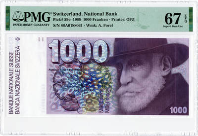 【Blue Auction】世界纸币精拍第759期——18级TOP拍卖/信誉/品质/专业/高效💫 -  【A冠倒置号】瑞士 1988年1000法郎 经典大蚂蚁 瑞士精神病学家&昆虫学家福雷尔 PMG67EPQ 高分少见 备受追捧 