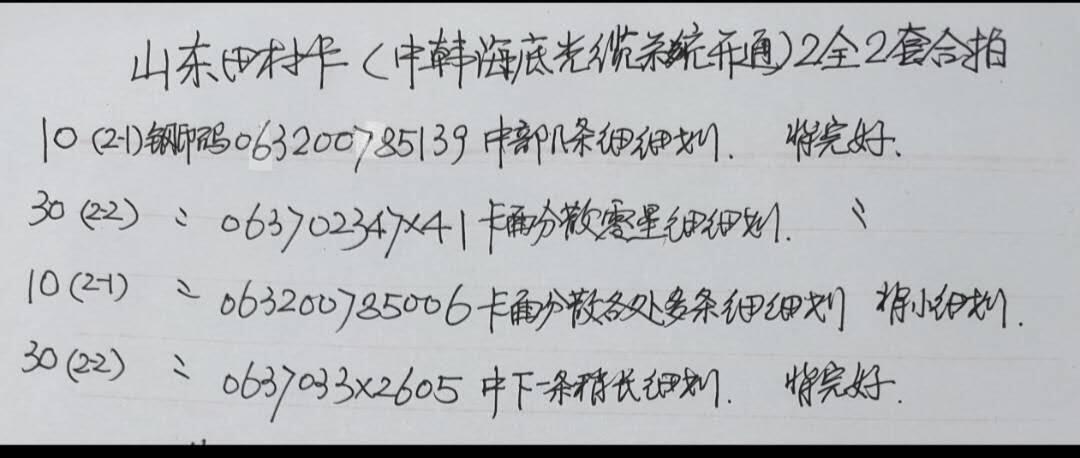 公藏第59期裸卡拍卖 山东田村新卡【中韩光缆开通】2全2套合拍，品相钢印码见描述。