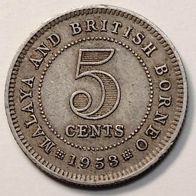布加迪🐬～世界钱币(上海)🌾第 263 期 /  各国套币和散币 - 马来亚和英属婆罗洲 1953年 5分 女王头像
