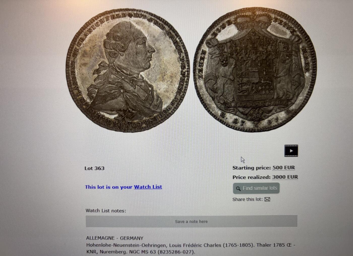万国钱币拍卖第056期 NGC MS62 1785年德国霍恩洛赫·诺伊恩斯特·奥林根路德维希·弗里德里希·卡尔双狮护盾大泰勒 罕见小邦品种 欧陆深五彩包浆 NGC亚军分 24年10月MDC63分成交价约合人民币3w元