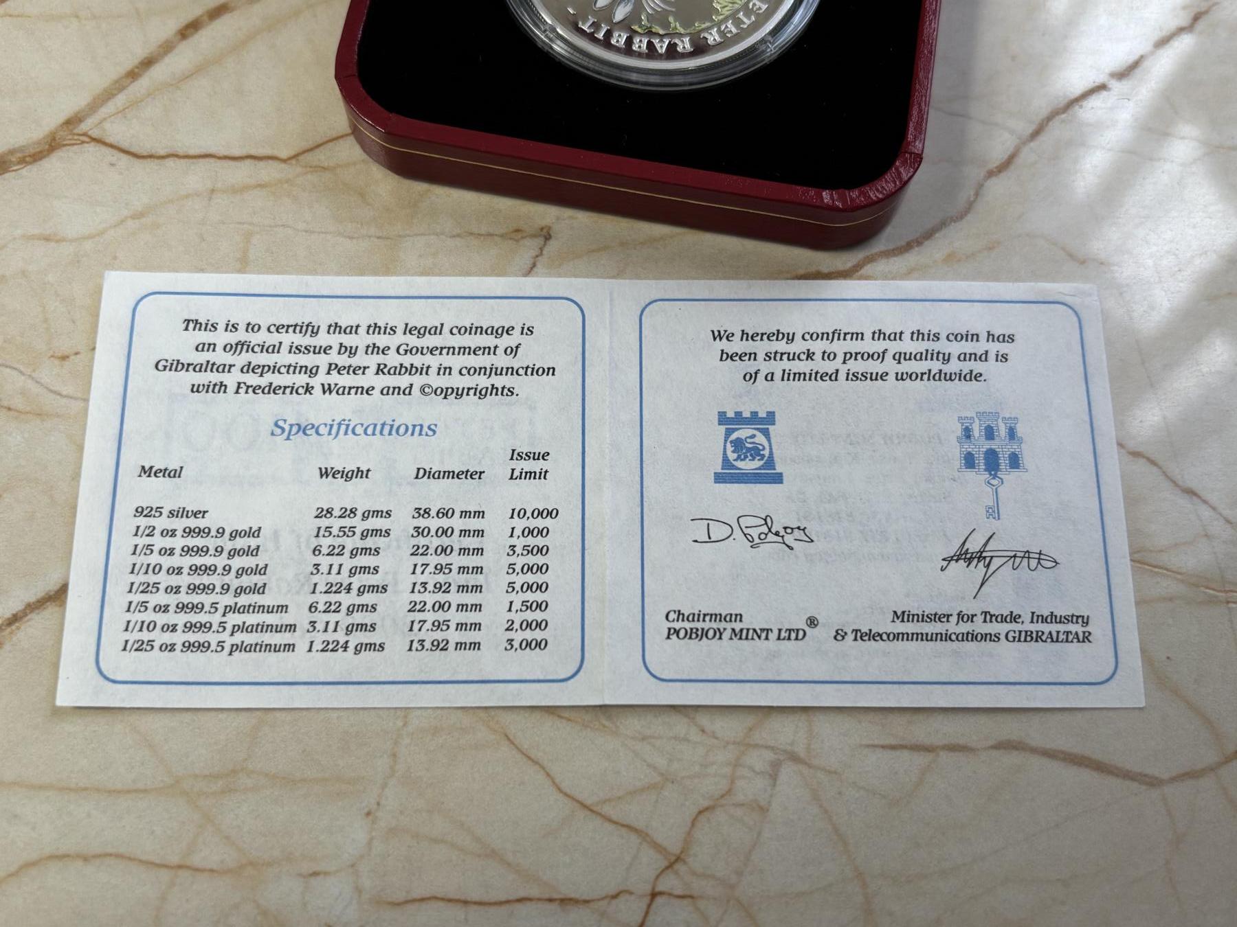 第184期拍卖 直布罗陀2002年彼得兔诞生彩色克朗精制纪念银币，925银，28.28克银价363，发行10000枚