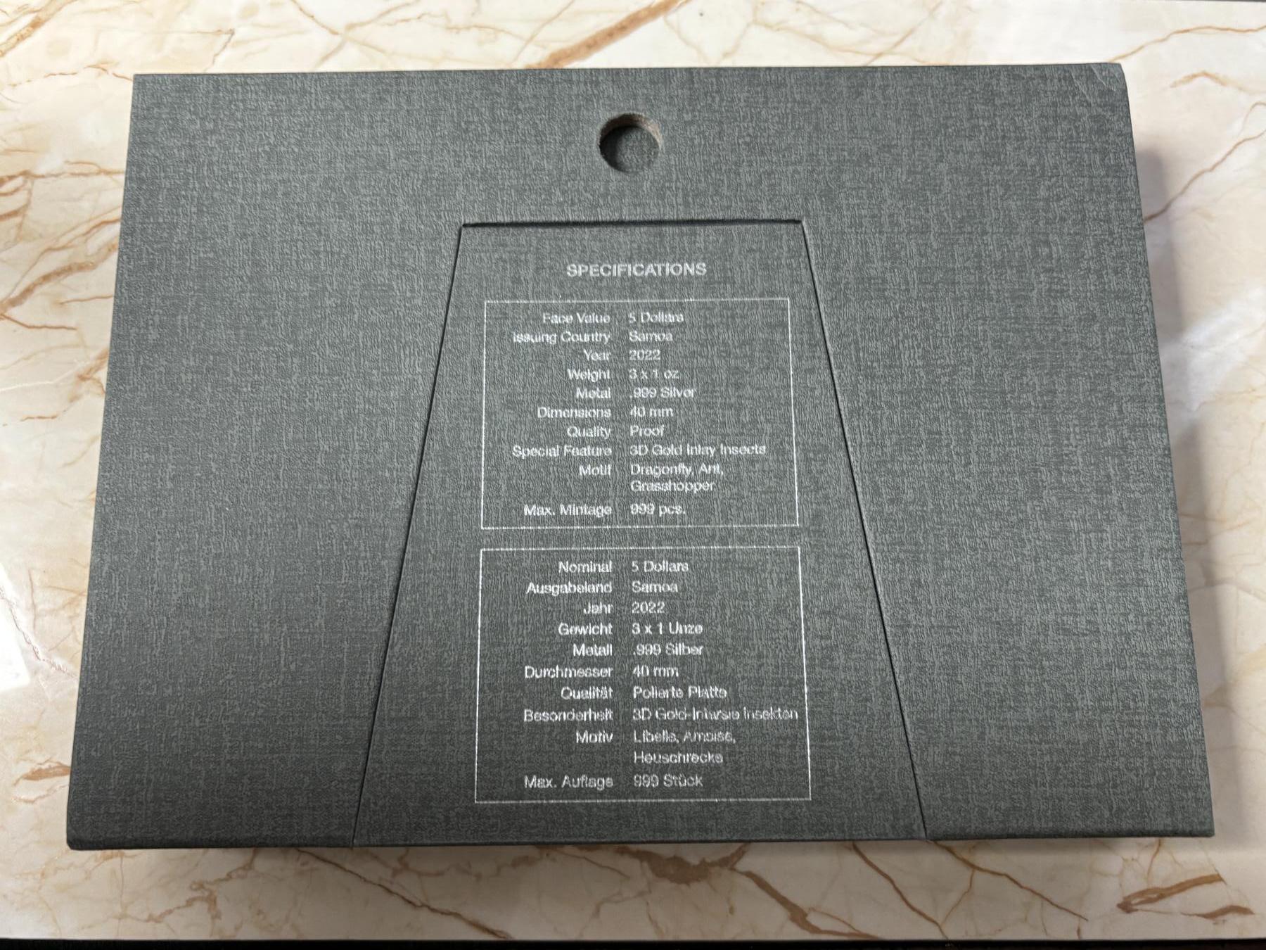 第185期拍卖 萨摩亚2022年黄金昆虫系列1盎司纪念银币3枚全，999银，1盎司*3，发行999枚，稍有氧化