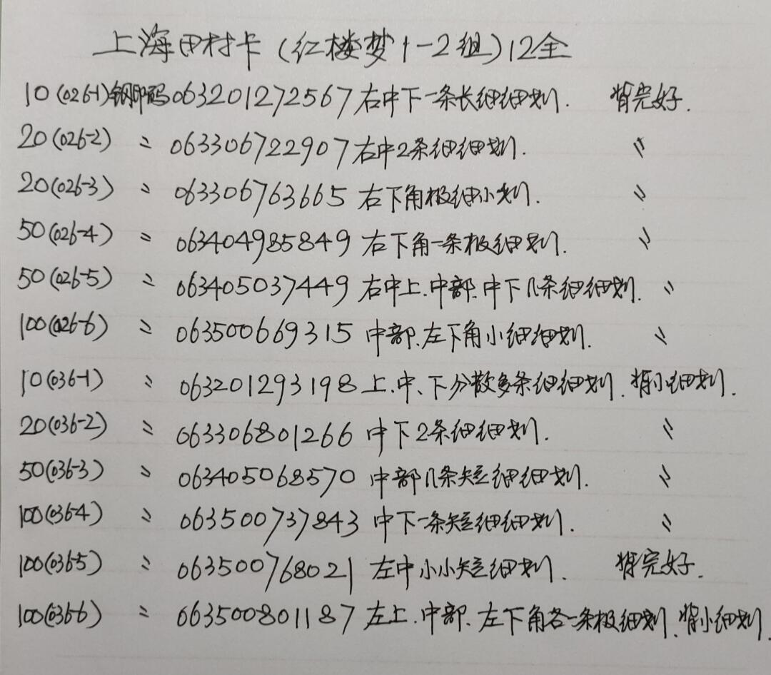 公藏第59期裸卡拍卖 上海田村新卡【红楼梦一，二组】12全，品相钢印码见描述。