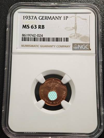 【德藏】世界币章拍卖第155期（拍品征集中~欢迎藏友联系） - 1937年 A厂 德国1芬尼铜币 NGC MS63RB（原图请查询NGC评级公司官网）