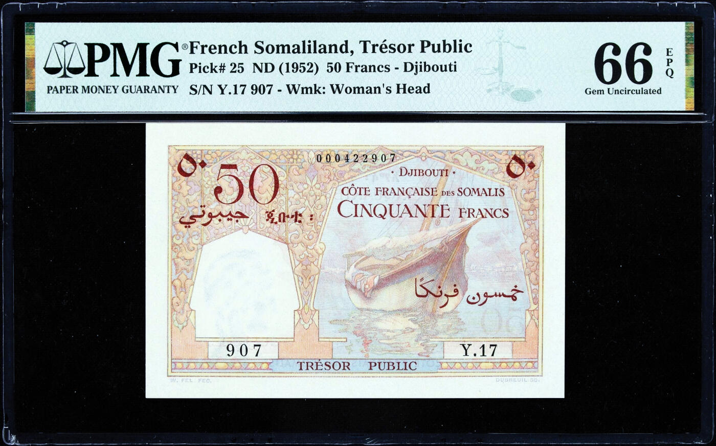 【Blue Auction】世界纸币精拍第759期——18级TOP拍卖/信誉/品质/专业/高效💫 法属索马里兰 1952年50法郎 幽灵船 骆驼队 法属风 PMG66EPQ 