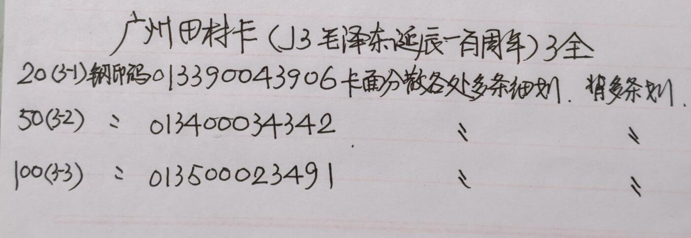 公藏第59期裸卡拍卖 广州田村新卡【J3  毛泽东诞辰100周年】3全品相钢印码见描述。