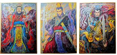 白泽拍卖卡牌手绘专场第29期（忽有故人心上过，回首山河已是秋） - 2025 中福卡博会 玄卡阁 权迎东工艺色纸 3张 曹操 孙权 刘备 A4大小